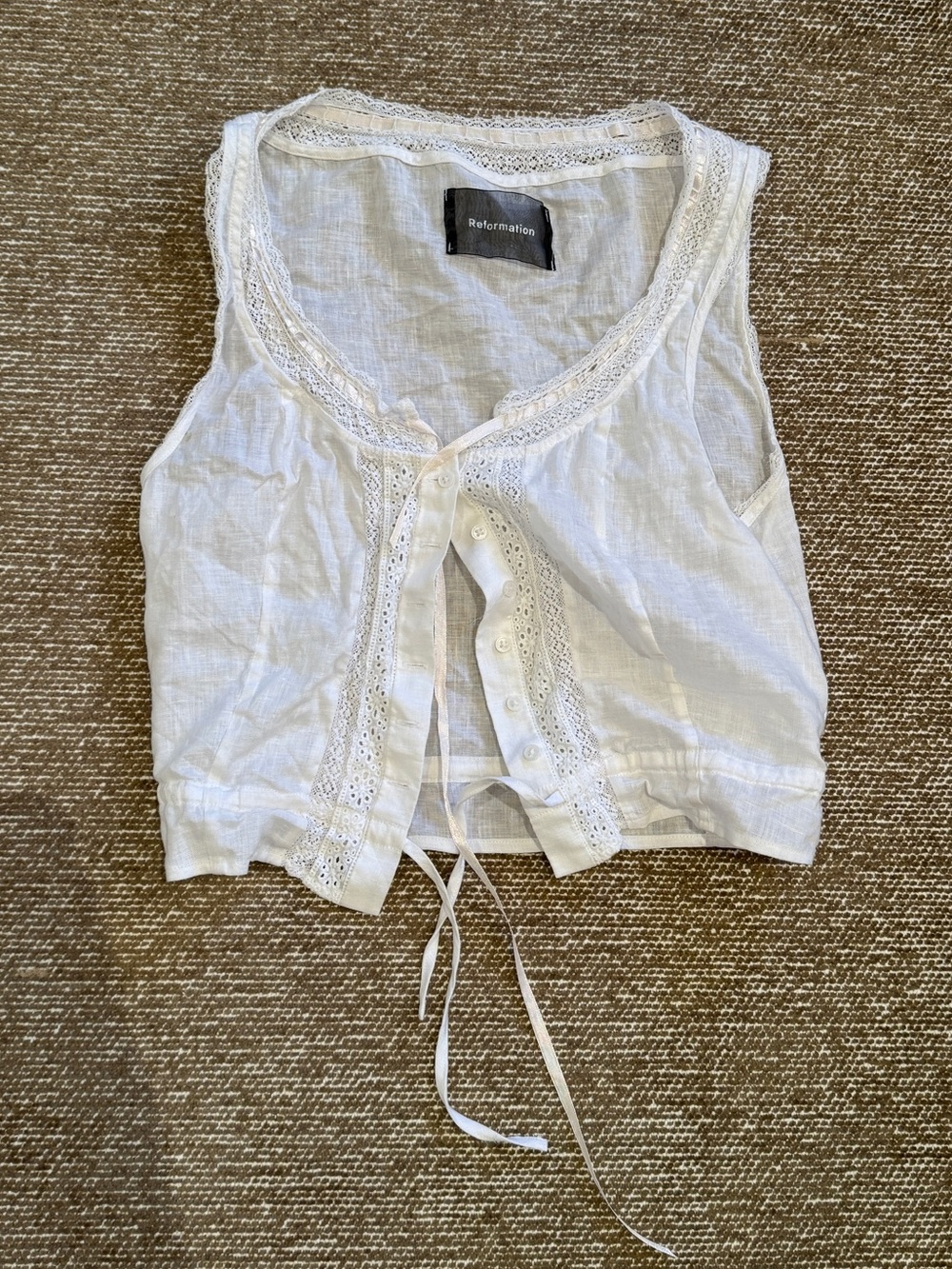 Reformation White Lace-Trim Tie-Front Linen Camisole